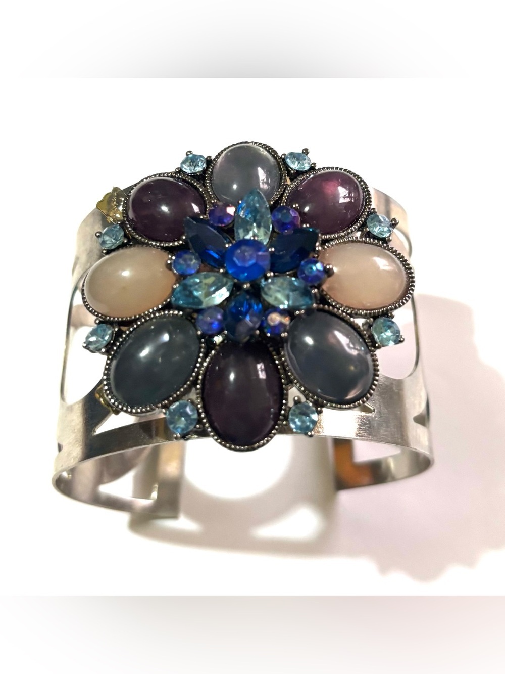 Floral Multi-Stone Cuff Bracelet - Blue, Purple, Gray